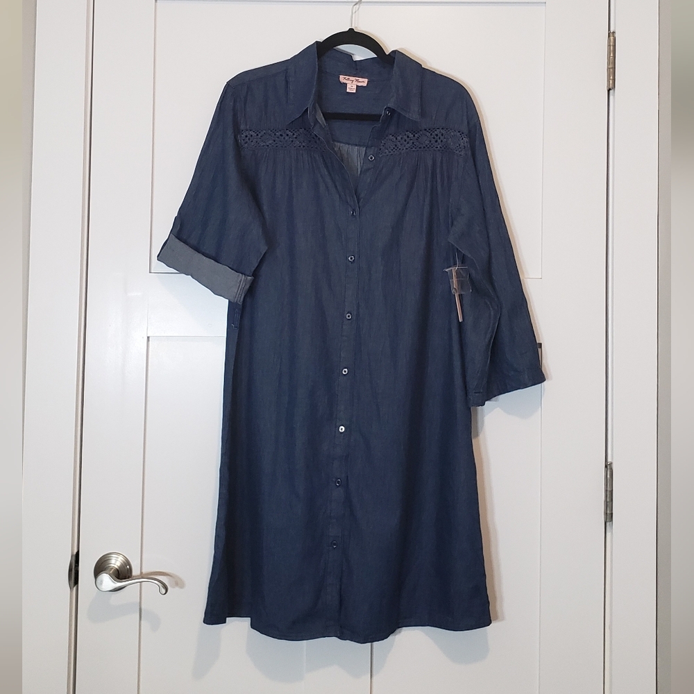 Falling Flower Shirt Dress Midi Chambray Denim Button Up Size 1X  Collar Lace